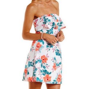 Strapless Mini Floral Tropical White Dress E9